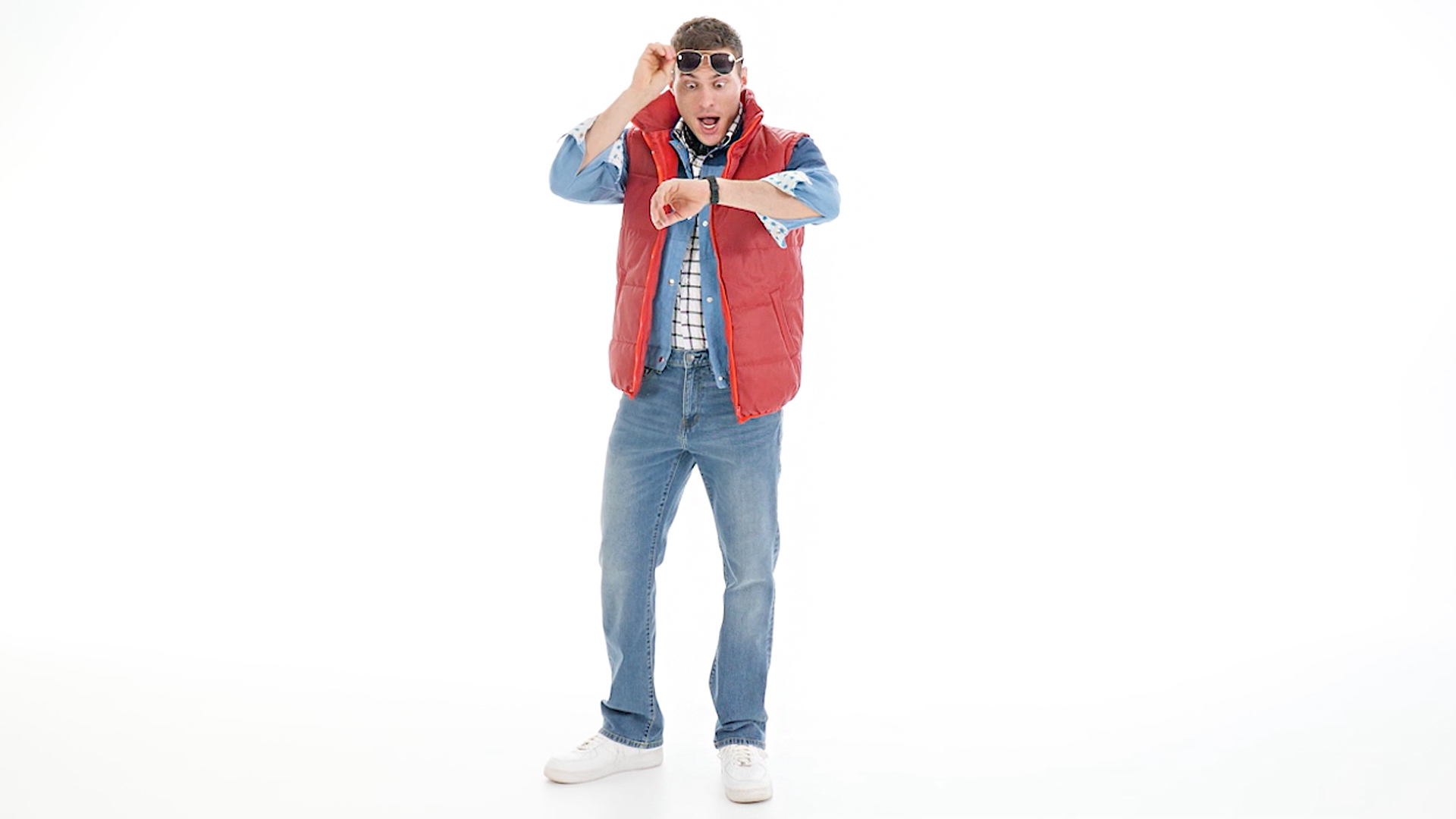 When you go in our Back to the Future Marty McFly Costume, you'll be on your way to 1955! Or 2015! Or 1885? This costume even includes two movie props!